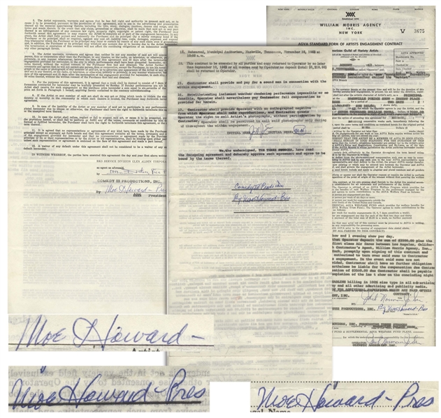 Two 1962-63 Contracts Signed by Moe Howard for Three Stooges Performances -- 8.5'' x 18'' Contract Signed Twice & Initialed; 8.5'' x 14'' Contract Signed Once -- Very Good Condition